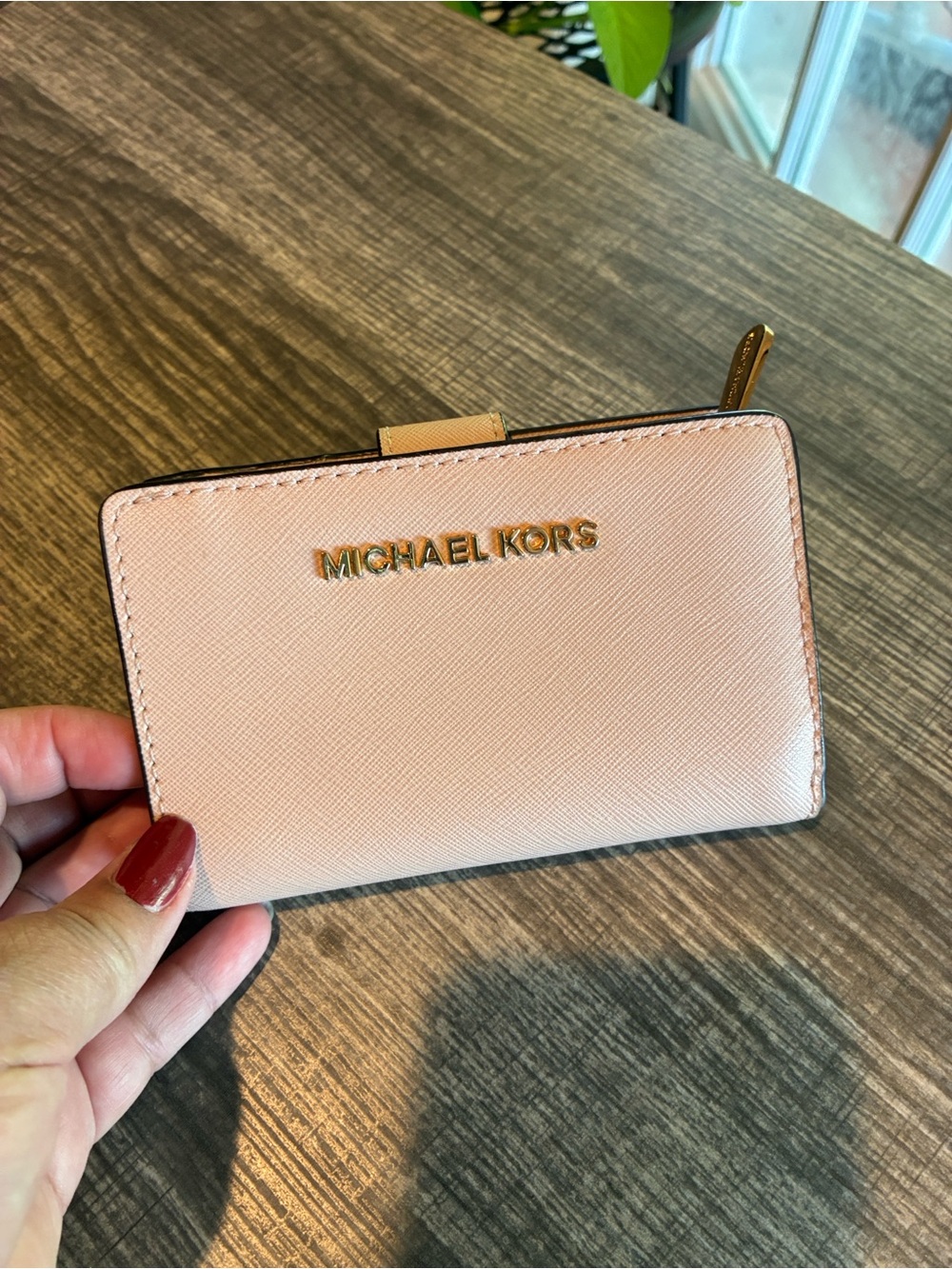 Michael Kors Blush Pink Saffiano Leather Zip Wallet with Gold Tone Logo